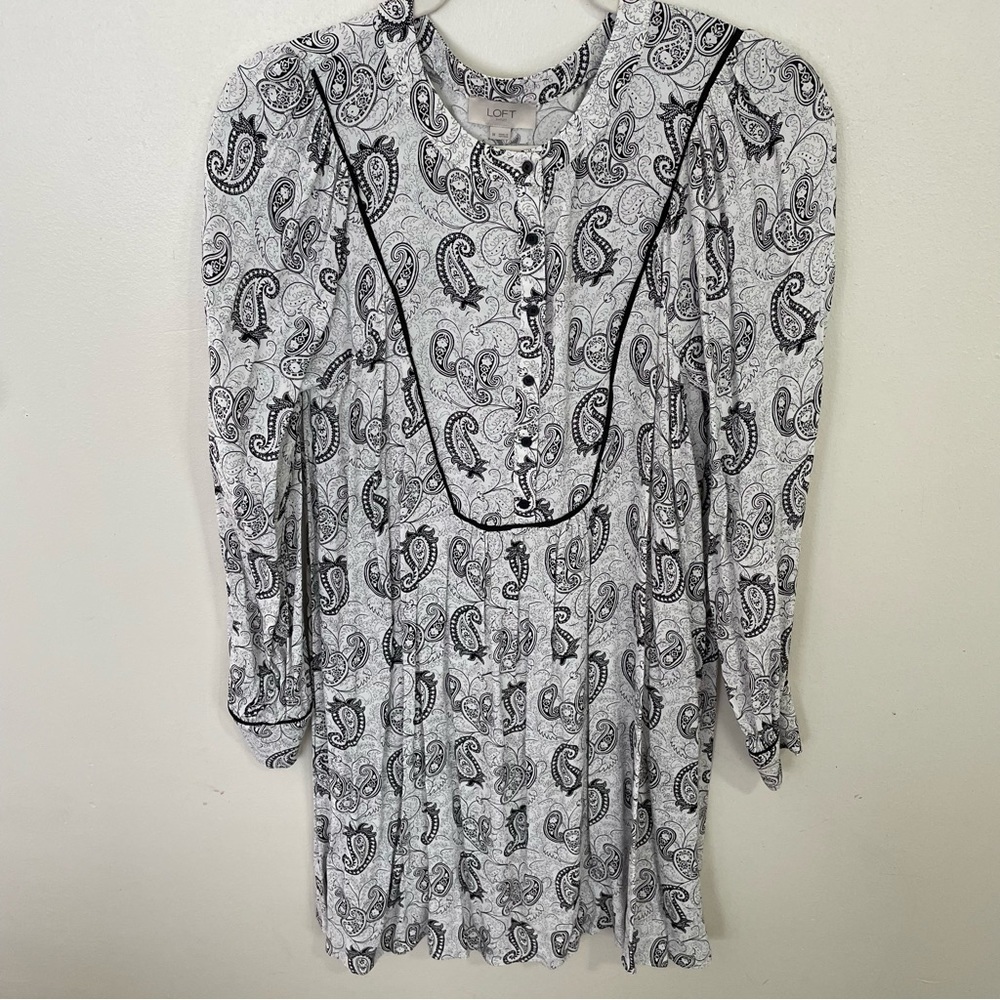 Loft Black & White Paisley Puff Sleeve Button Front Flowy Summer Dress Size M